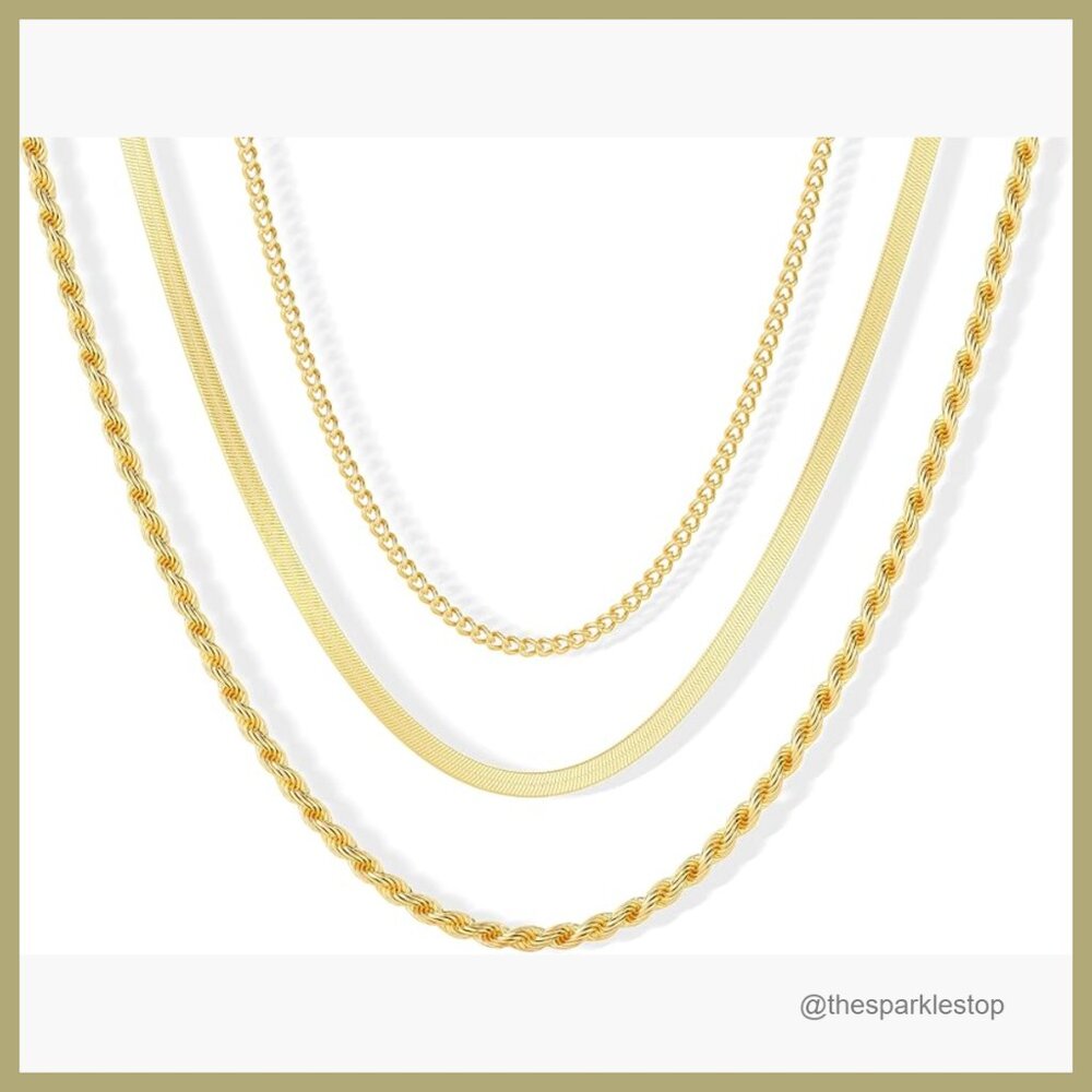 14K Gold Plated Layered Necklace Set, 3 Piece Dainty Chains for Everyday